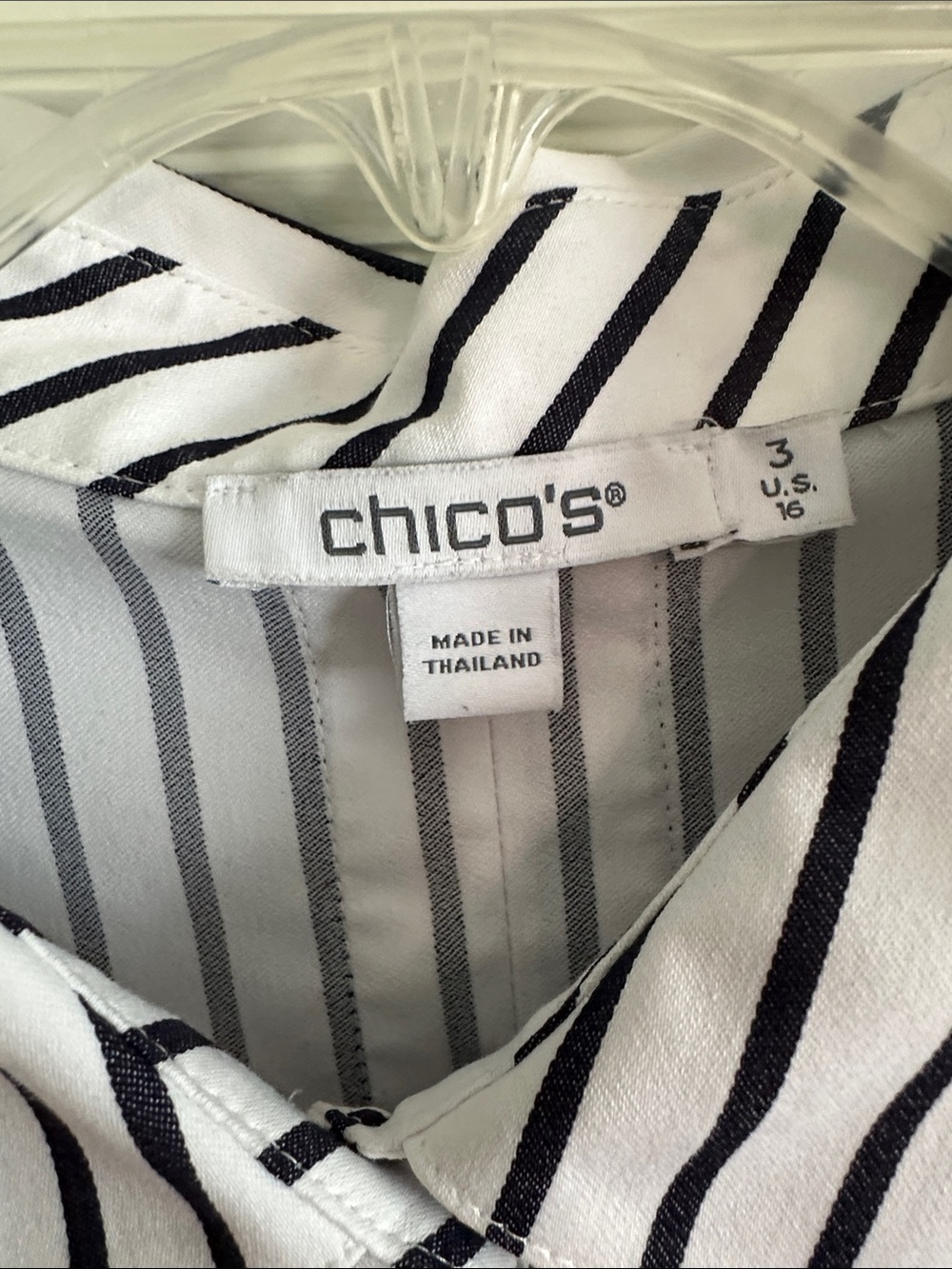 Chico's White Button-Up Tunic with Navy Pinstripes - Picture 3 of 6